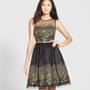 Eliza J Black & Gold Floral Mesh Fit & Flare Dress 12